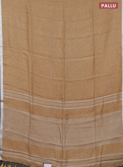 Pure linen saree sandal with plain body and silver zari woven border