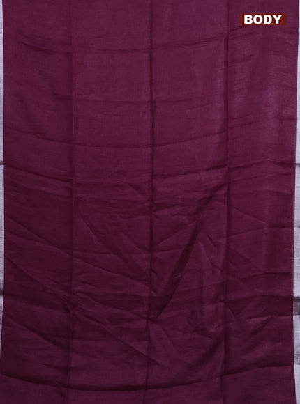 Pure linen saree wine shade with plain body and silver zari woven border