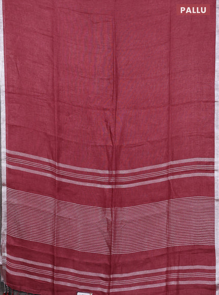 Pure linen saree maroon shade with plain body and silver zari woven border