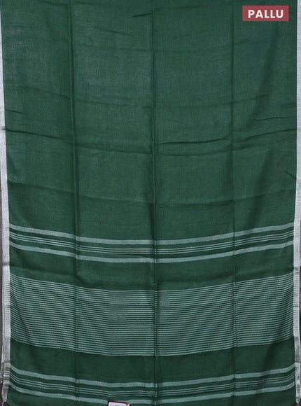 Pure linen saree green with plain body and silver zari woven border