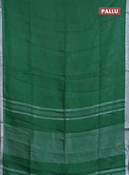 Pure linen saree green with plain body and silver zari woven border