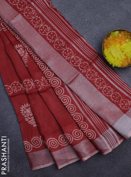 Pure linen saree maroon with butta prints and silver zari woven border