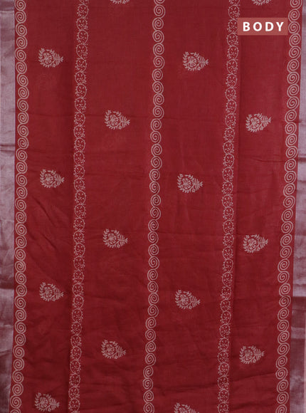 Pure linen saree maroon with butta prints and silver zari woven border