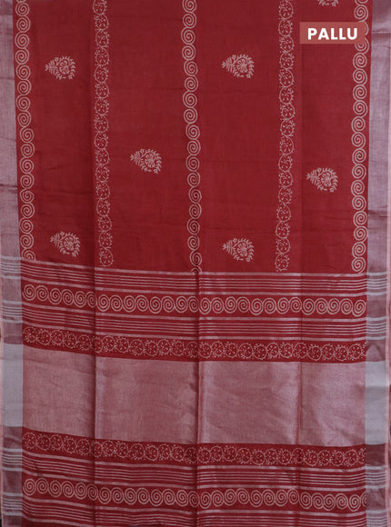 Pure linen saree maroon with butta prints and silver zari woven border