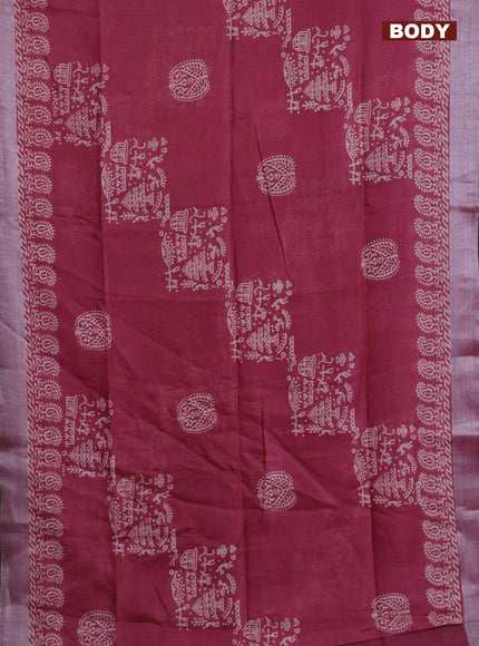 Pure linen saree maroon shade with butta prints and silver zari woven border
