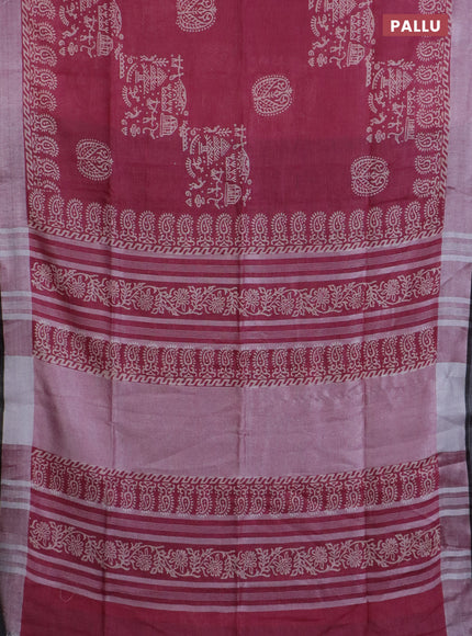 Pure linen saree maroon shade with butta prints and silver zari woven border