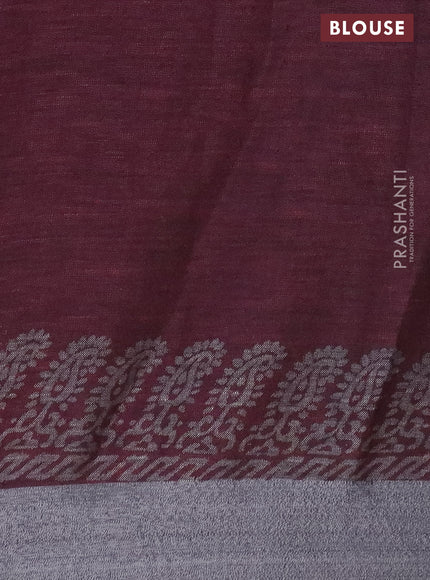 Pure linen saree maroon shade with butta prints and silver zari woven border
