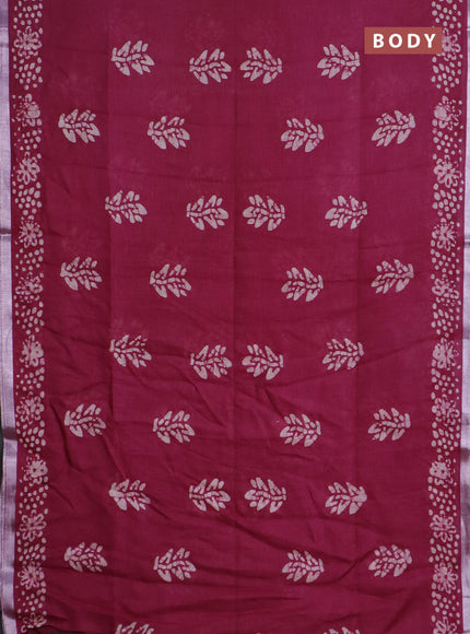 Pure linen saree dark magenta pink with batik butta prints and silver zari woven border
