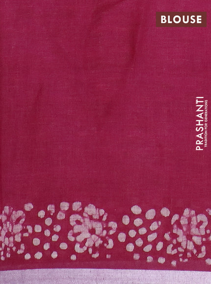 Pure linen saree dark magenta pink with batik butta prints and silver zari woven border