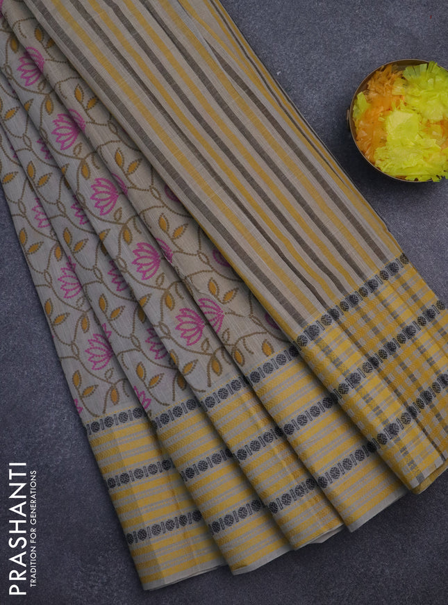Khadi cotton saree grey shade and yellow shade with allover prints and long woven border