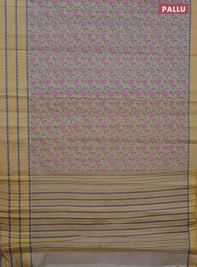 Khadi cotton saree grey shade and yellow shade with allover prints and long woven border