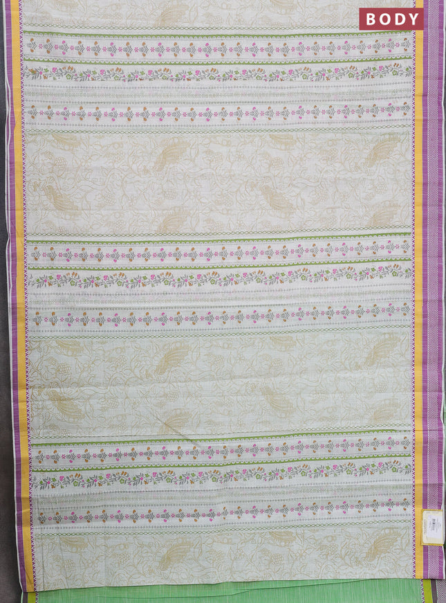 Khadi cotton saree cream and light green with allover prints and woven border
