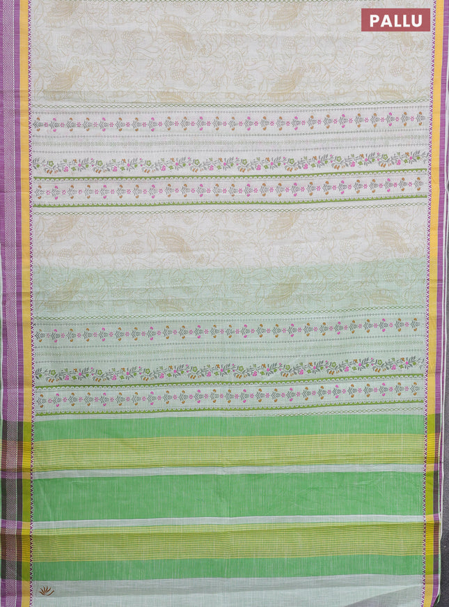 Khadi cotton saree cream and light green with allover prints and woven border