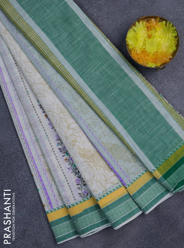 Khadi cotton saree cream and green with allover prints and woven border