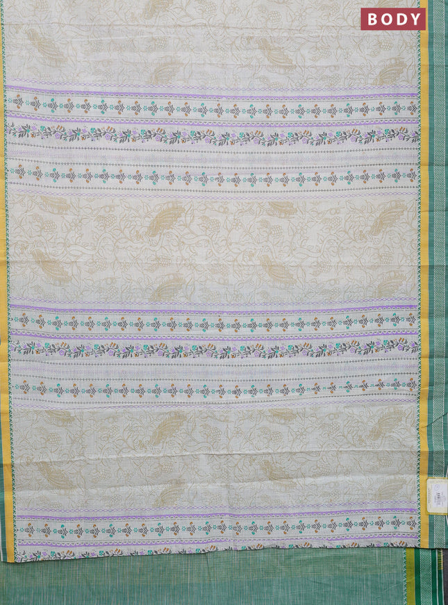 Khadi cotton saree cream and green with allover prints and woven border