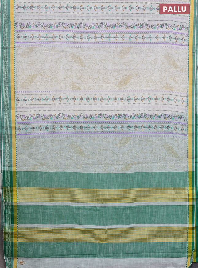 Khadi cotton saree cream and green with allover prints and woven border