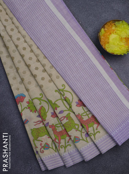 Khadi cotton saree cream and purple shade with allover floral prints and woven border