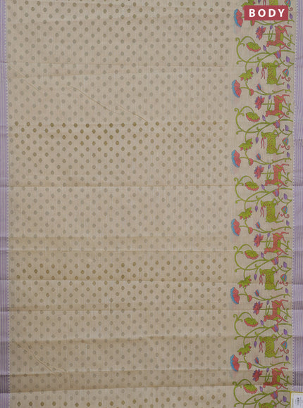 Khadi cotton saree cream and purple shade with allover floral prints and woven border