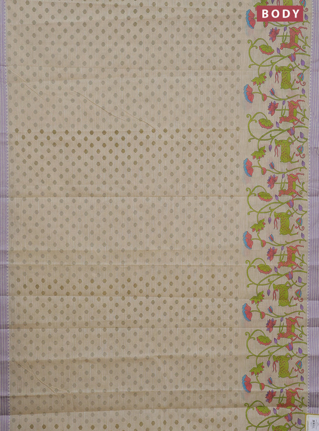 Khadi cotton saree cream and purple shade with allover floral prints and woven border