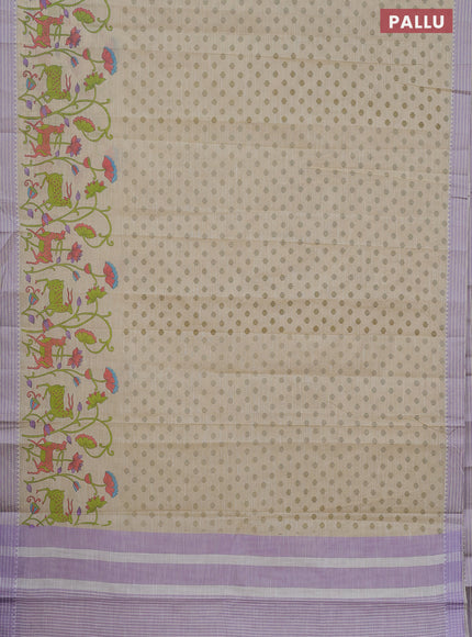 Khadi cotton saree cream and purple shade with allover floral prints and woven border