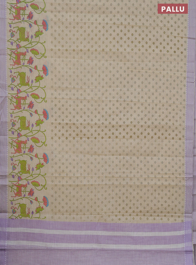 Khadi cotton saree cream and purple shade with allover floral prints and woven border