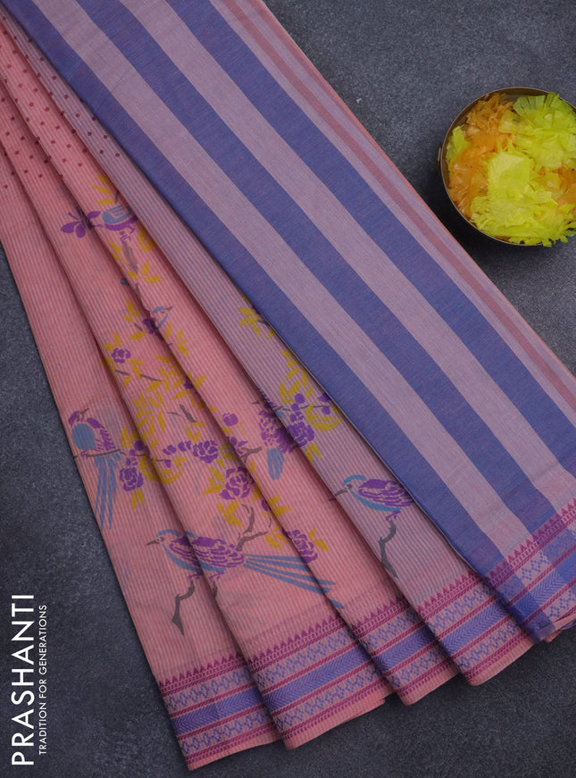 Khadi cotton saree peach shade and blue shade with allover prints and woven border