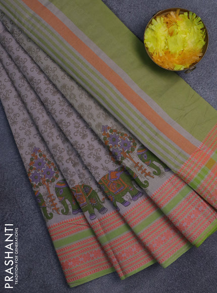 Khadi cotton saree grey shade and green shade with allover prints and woven border