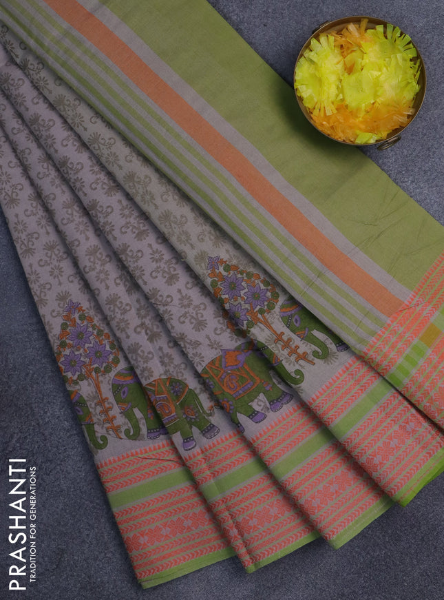 Khadi cotton saree grey shade and green shade with allover prints and woven border