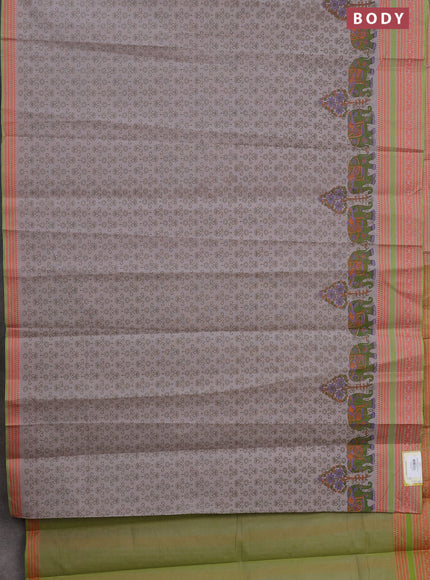 Khadi cotton saree grey shade and green shade with allover prints and woven border