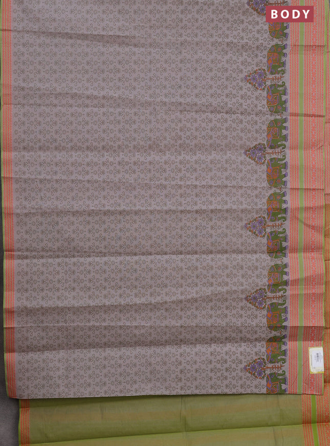 Khadi cotton saree grey shade and green shade with allover prints and woven border