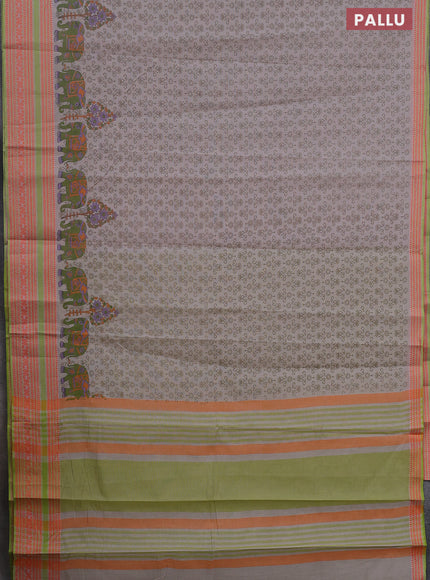 Khadi cotton saree grey shade and green shade with allover prints and woven border