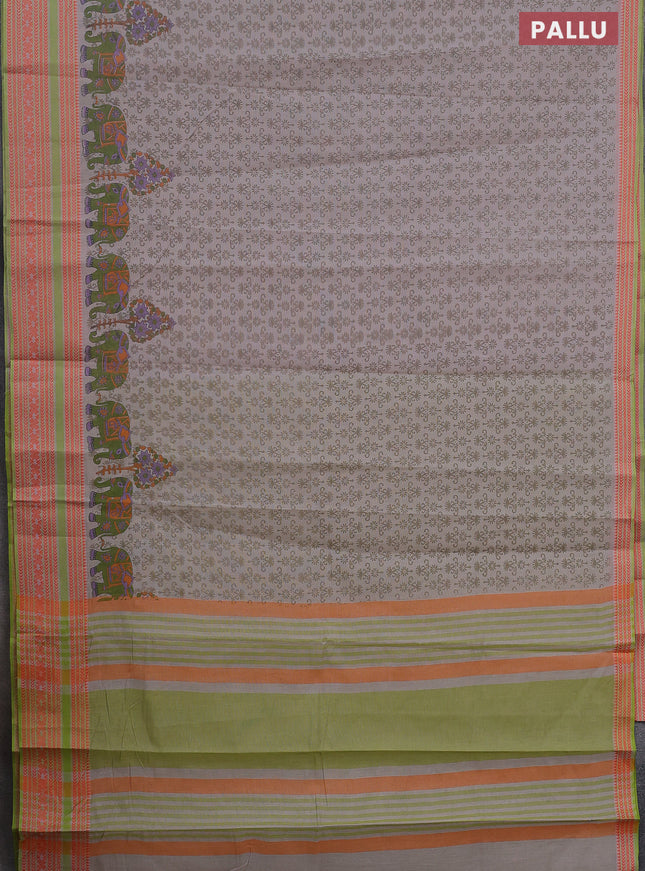 Khadi cotton saree grey shade and green shade with allover prints and woven border