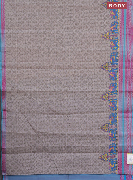 Khadi cotton saree grey shade and teal blue with allover prints and woven border