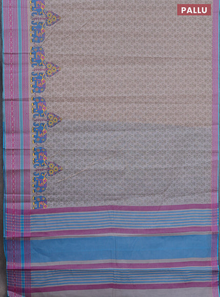 Khadi cotton saree grey shade and teal blue with allover prints and woven border