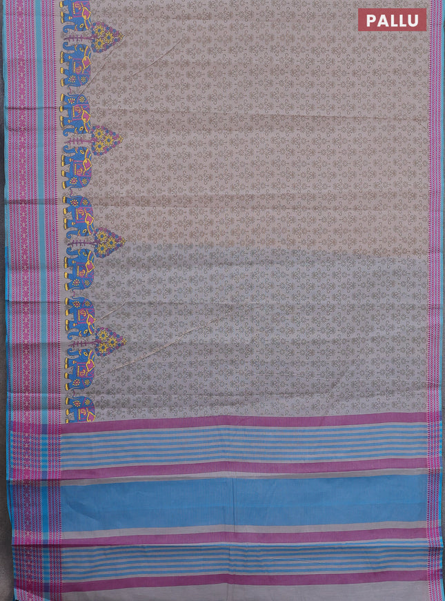 Khadi cotton saree grey shade and teal blue with allover prints and woven border