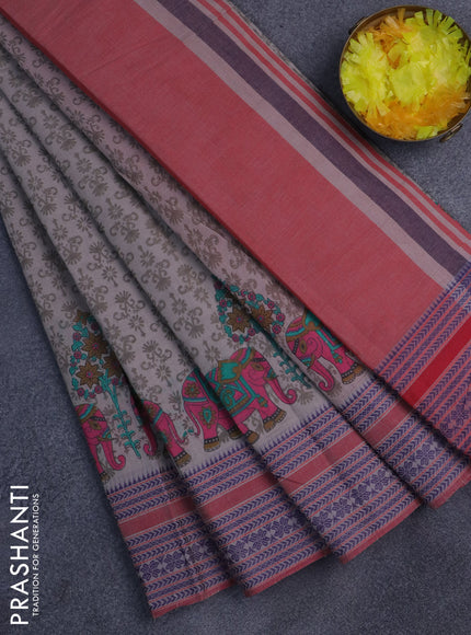 Khadi cotton saree grey shade and red with allover prints and woven border
