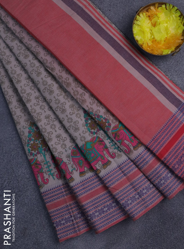 Khadi cotton saree grey shade and red with allover prints and woven border