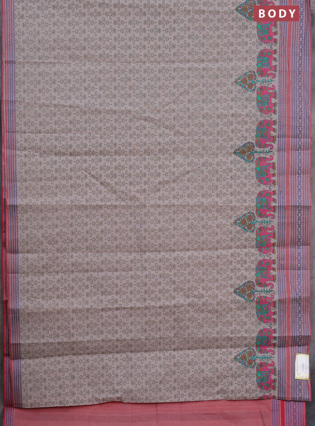 Khadi cotton saree grey shade and red with allover prints and woven border