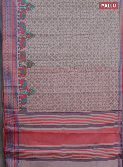 Khadi cotton saree grey shade and red with allover prints and woven border