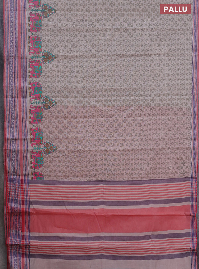 Khadi cotton saree grey shade and red with allover prints and woven border
