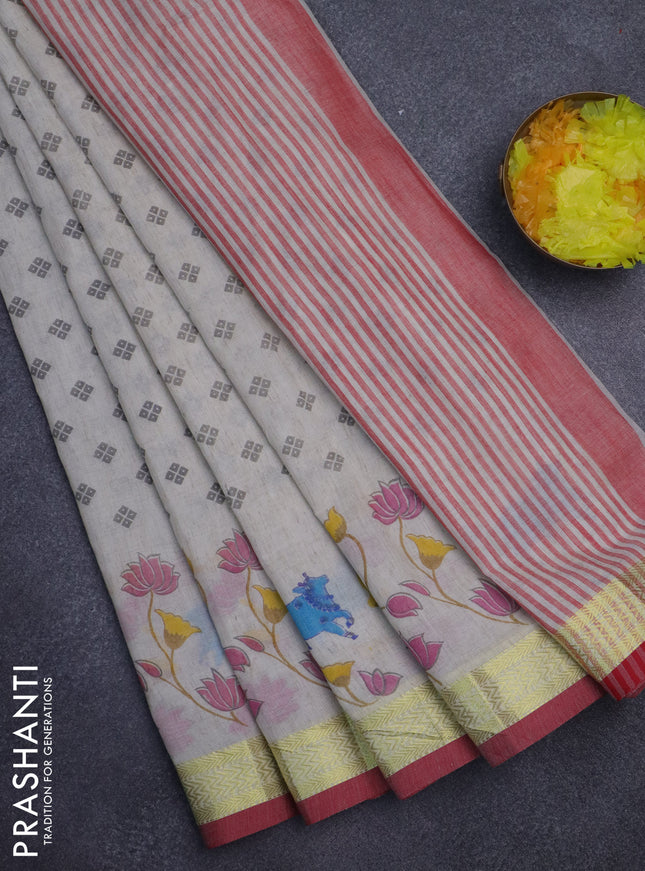 Khadi cotton saree beige and red with allover butta prints and zari woven border
