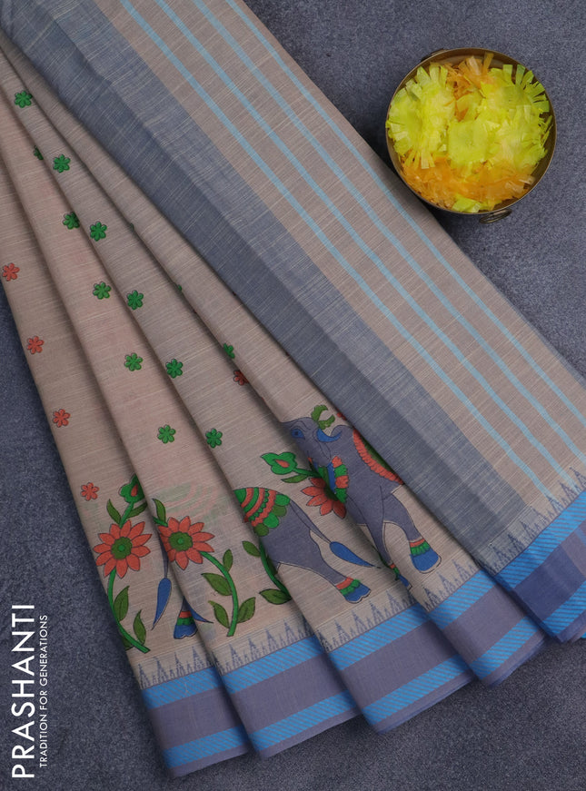 Khadi cotton saree dark sandal and grey shade blue with allover butta prints and woven border
