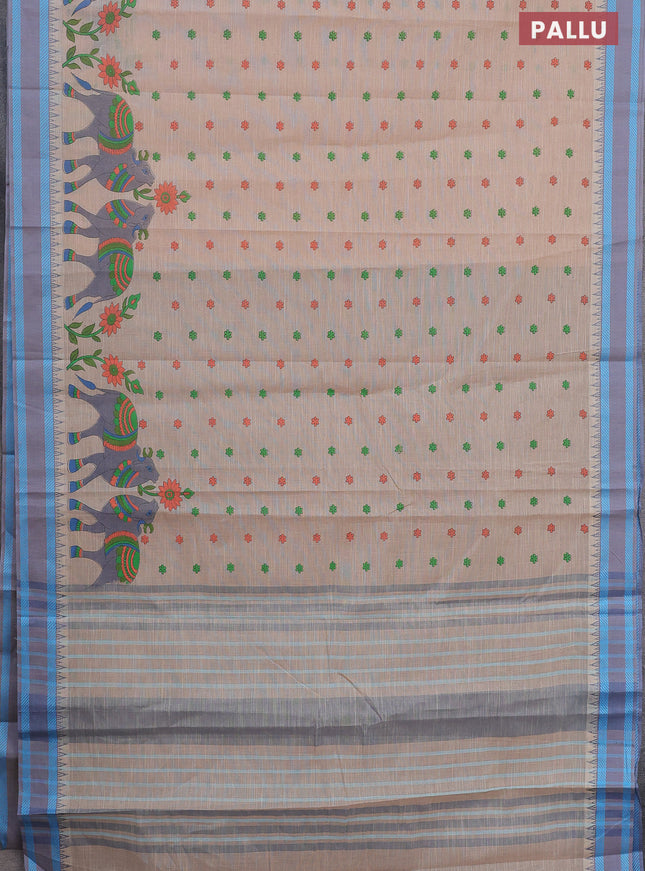 Khadi cotton saree dark sandal and grey shade blue with allover butta prints and woven border