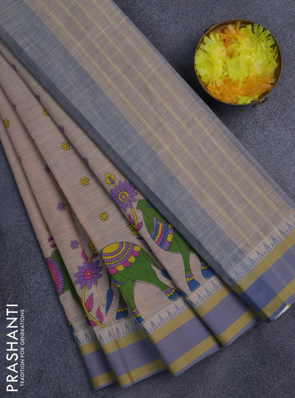 Khadi cotton saree dark sandal and grey shade yellow with allover butta prints and woven border