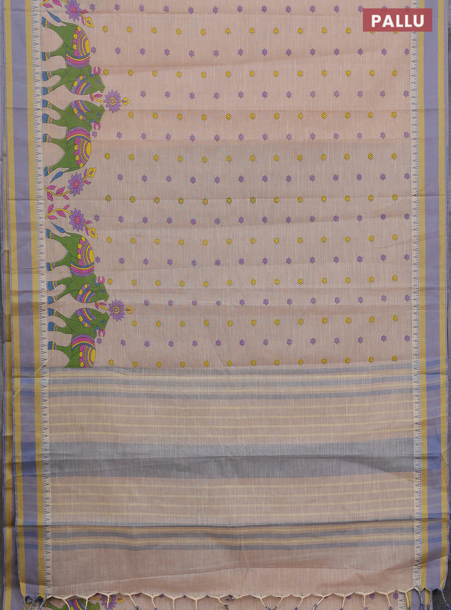 Khadi cotton saree dark sandal and grey shade yellow with allover butta prints and woven border