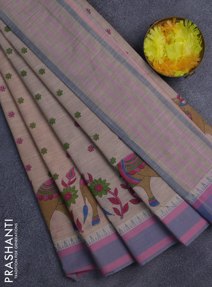 Khadi cotton saree dark sandal and grey shade pink with allover butta prints and woven border