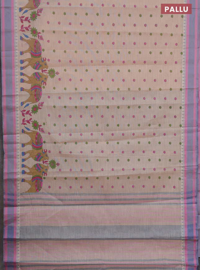 Khadi cotton saree dark sandal and grey shade pink with allover butta prints and woven border