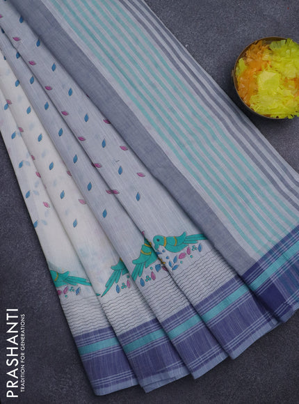 Khadi cotton saree off white and grey shade teal with allover butta prints and woven border