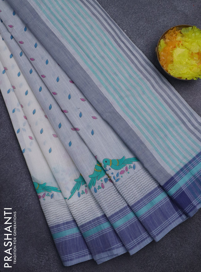 Khadi cotton saree off white and grey shade teal with allover butta prints and woven border