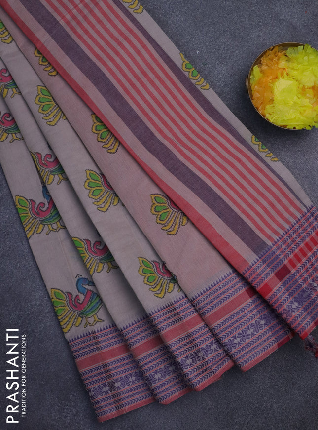 Khadi cotton saree pastel grey shade and red shade with annam butta prints and woven border